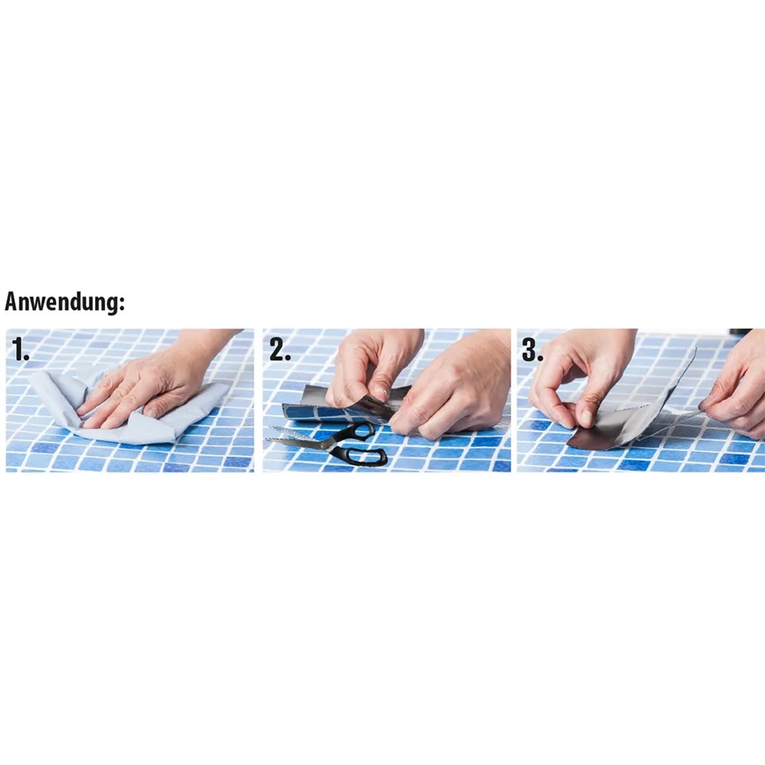 Anwendung des transparenten easyFix Reparatur-Klebebands für Teichfolien: Reinigen, zuschneiden, aufkleben.