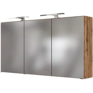Held Möbel 3D-Spiegelschrank Bari 120 cm in Wotaneiche mit drei Spiegeltüren und LED-Leuchten.