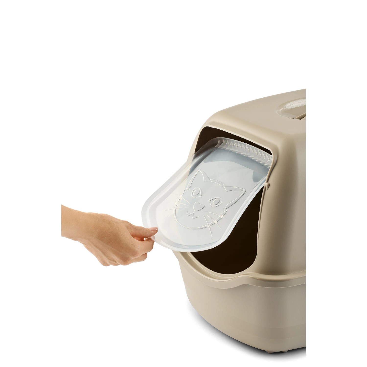 Cappuccino-farbene Rotho Katzentoilette Eco Bailey mit geöffneter Klappe.
