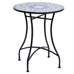 Outsunny Gartentisch mit Mosaikplatte, runder Terrassentisch mit schwarzem Metallgestell.