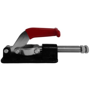 SOTECH Kniehebelspanner mit rotem Griff, verzinktem Metall und schwarzer Basis. Für präzises Fixieren von Werkstücken.