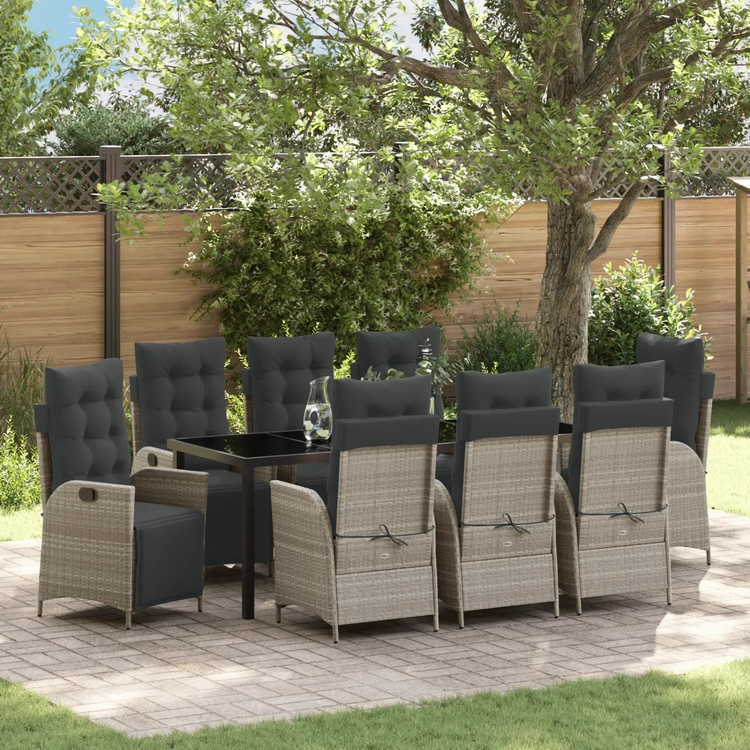 Hellgraue 9-tlg. Garten Essgruppe aus Poly Rattan von vidaXL mit Tisch und Stühlen.