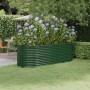 Grünes furnicato Hochbeet aus Stahl, 224x80x68 cm, bepflanzt mit lila Hortensien im Garten.