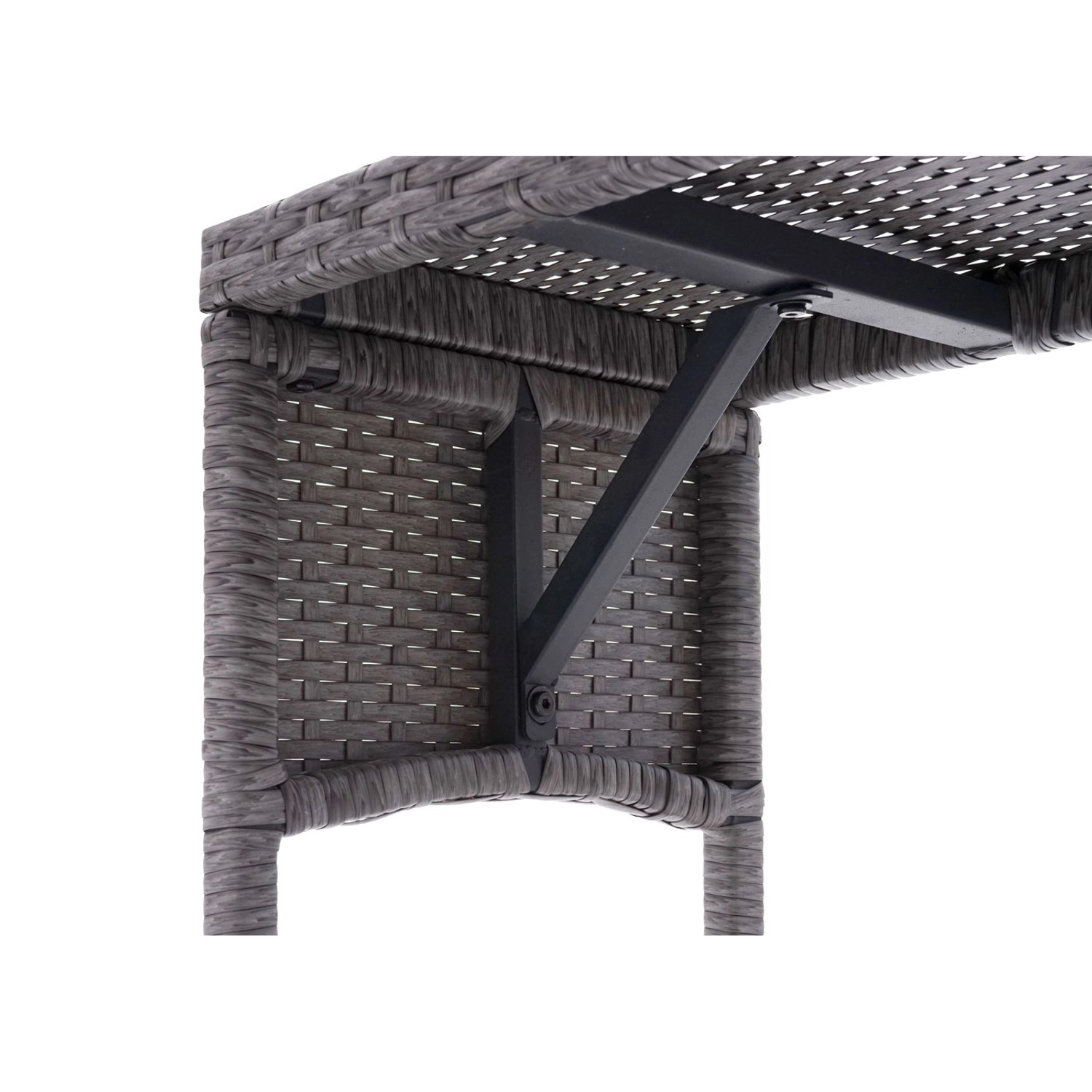 Detailansicht der grauen Poly-Rattan Sitzbank G16 mit Stahlgestell.