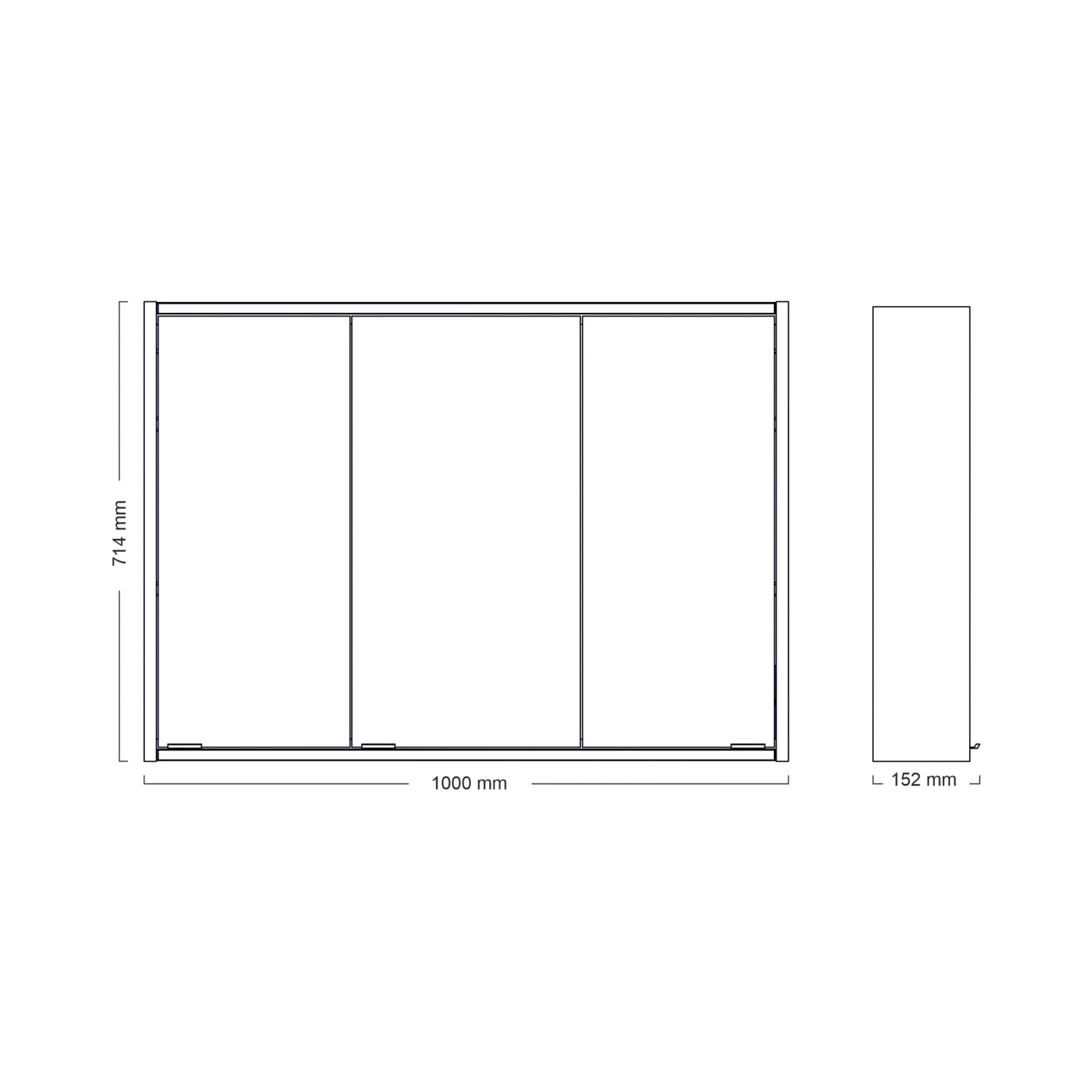 Technische Zeichnung: Jokey Spiegelschrank Batu 100 cm, weiß hochglanz, mit LED-Beleuchtung, Maße.