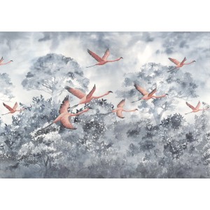 Komar Vlies Fototapete: Flamingos im Himmel über Bäumen, 400x280 cm.