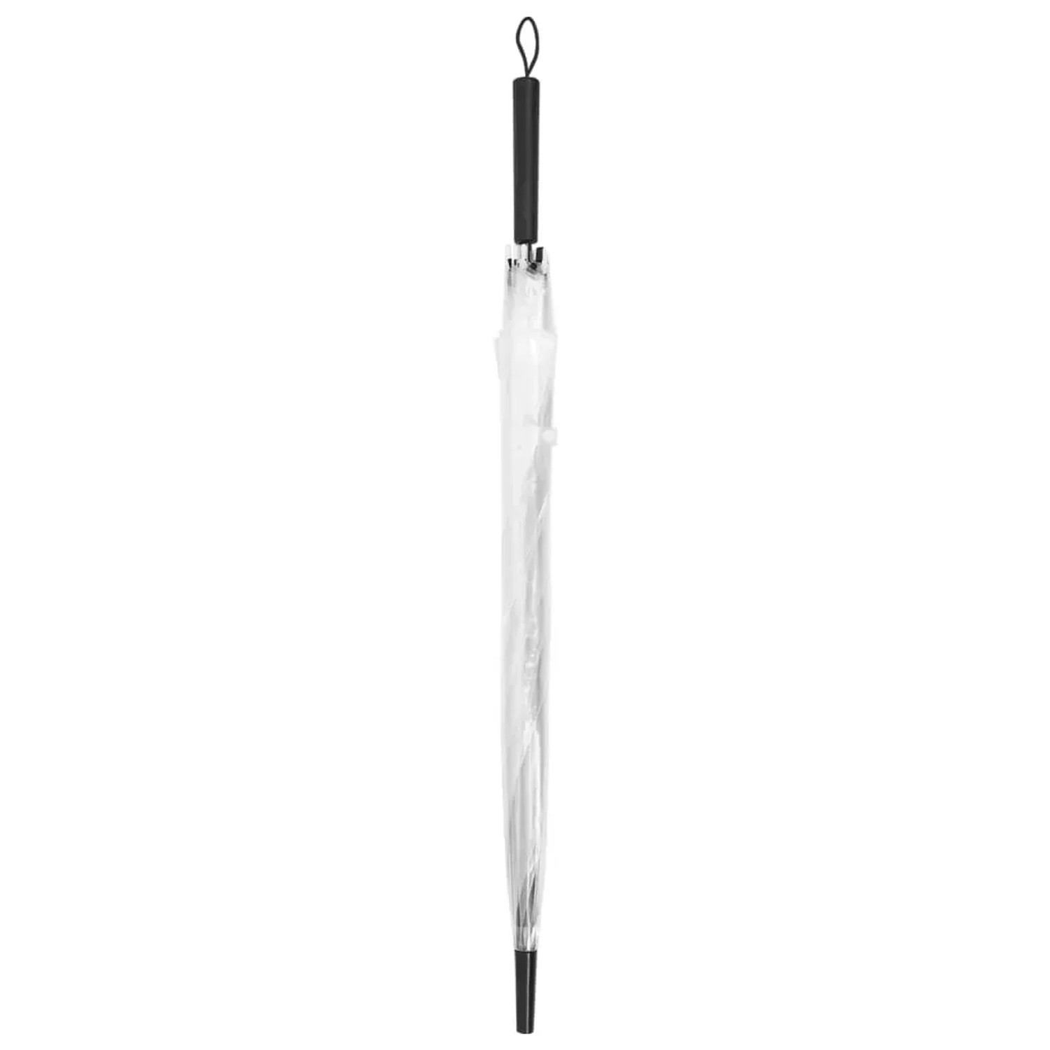 Transparenter Regenschirm, geschlossen, mit schwarzem Griff und Aufhängeschlaufe. 100 cm Durchmesser.