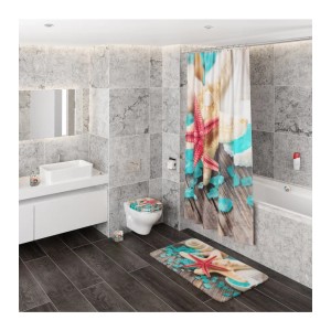 Badezimmer-Set mit Duschvorhang, Badematte und WC-Sitz mit Seestern-Motiv.