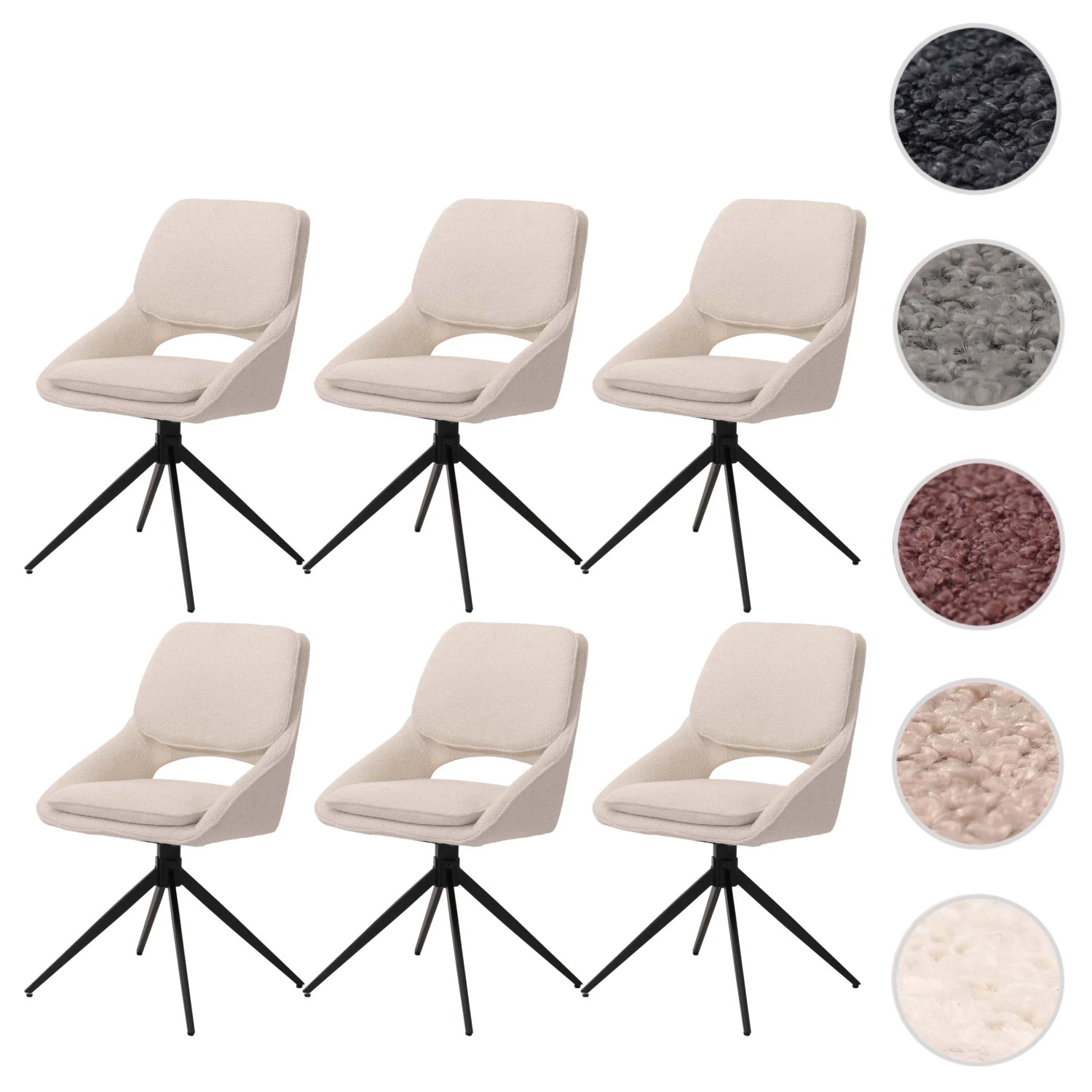 6er-Set Esszimmerstühle Creme mit Bouclé-Bezug und schwarzem Stativgestell.