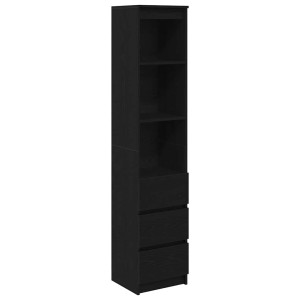 Schwarzes Highboard in Eichen-Optik mit 3 Schubladen und offenen Fächern. Sideboard aus Holzwerkstoff.