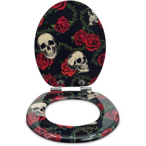 Sanfino WC-Sitz Rose Skull: Toilettendeckel aus Holz mit Absenkautomatik, Totenkopf- und Rosen-Design.