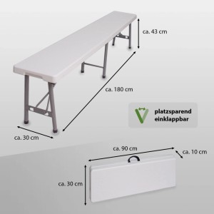 2er Set: Weiße, klappbare Bierzeltbank aus Kunststoff, 180 cm lang, für 4 Personen. Möbel für Feste.