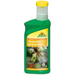 Grüne Neudorff Promanal Neu Austriebsspritzmittel Flasche mit gelbem Deckel. Wirksam gegen Spinnmilben an Obst- & Ziergehölzen.