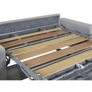 Schlafsofa Calito: Ausgeklappter Lattenrost und Metallrahmen der Bettfunktion. Detail des ausziehbaren Mechanismus.