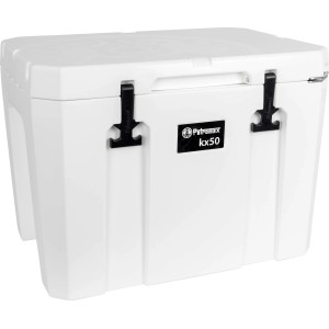 Petromax Kühlbox kx50 in Alpenweiß, 50 Liter Volumen, mit schwarzen Verschlüssen.