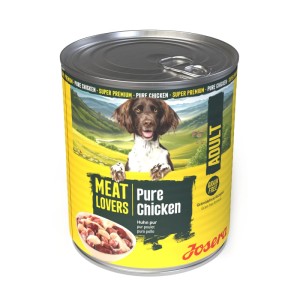 Josera Hunde-Nassfutter Meat Lovers Adult Pure Chicken, 800g Dose mit Hundeabbildung.