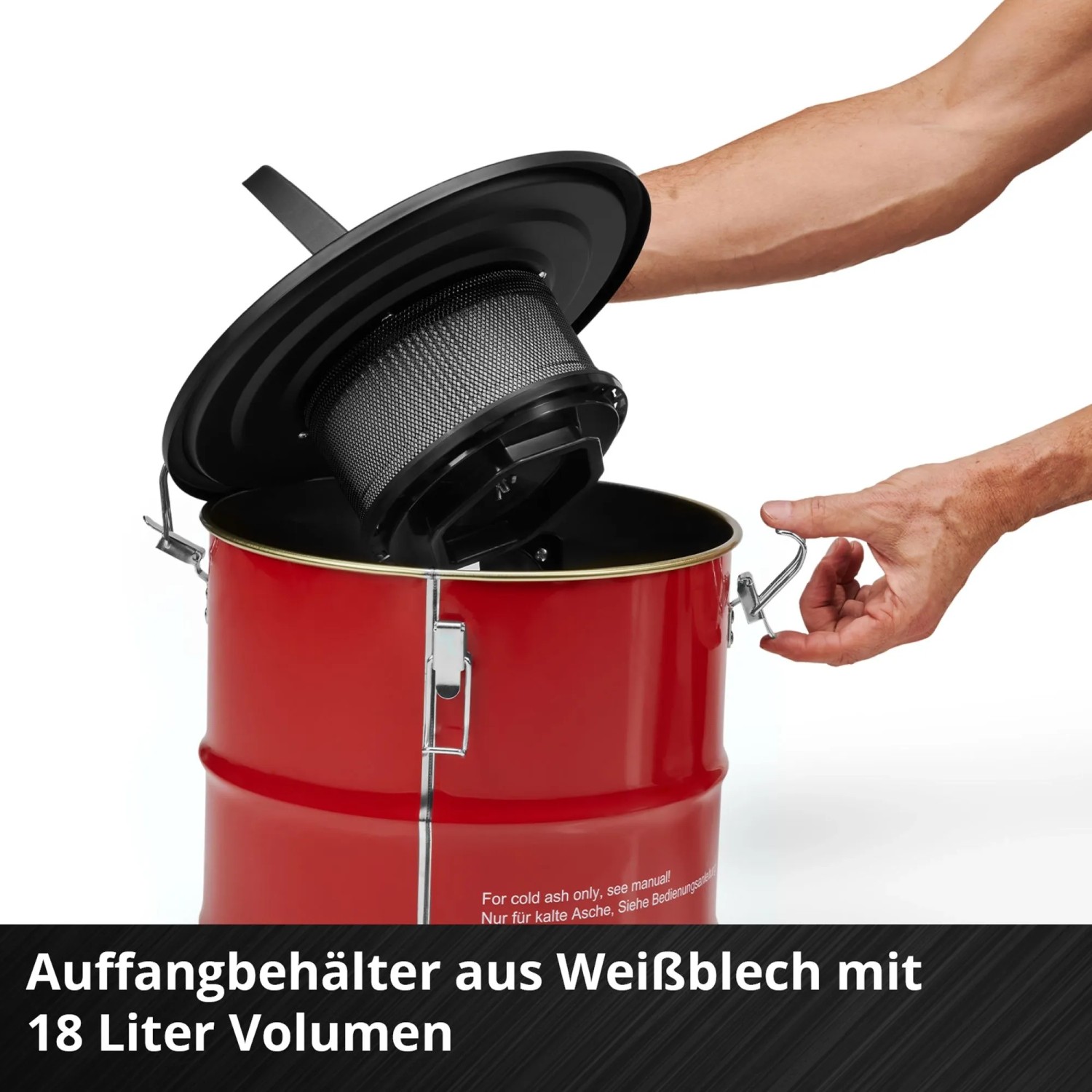Einhell Aschesauger TC-AV 1830 D: Roter Aschestaubsauger mit geöffnetem Deckel und Filter.