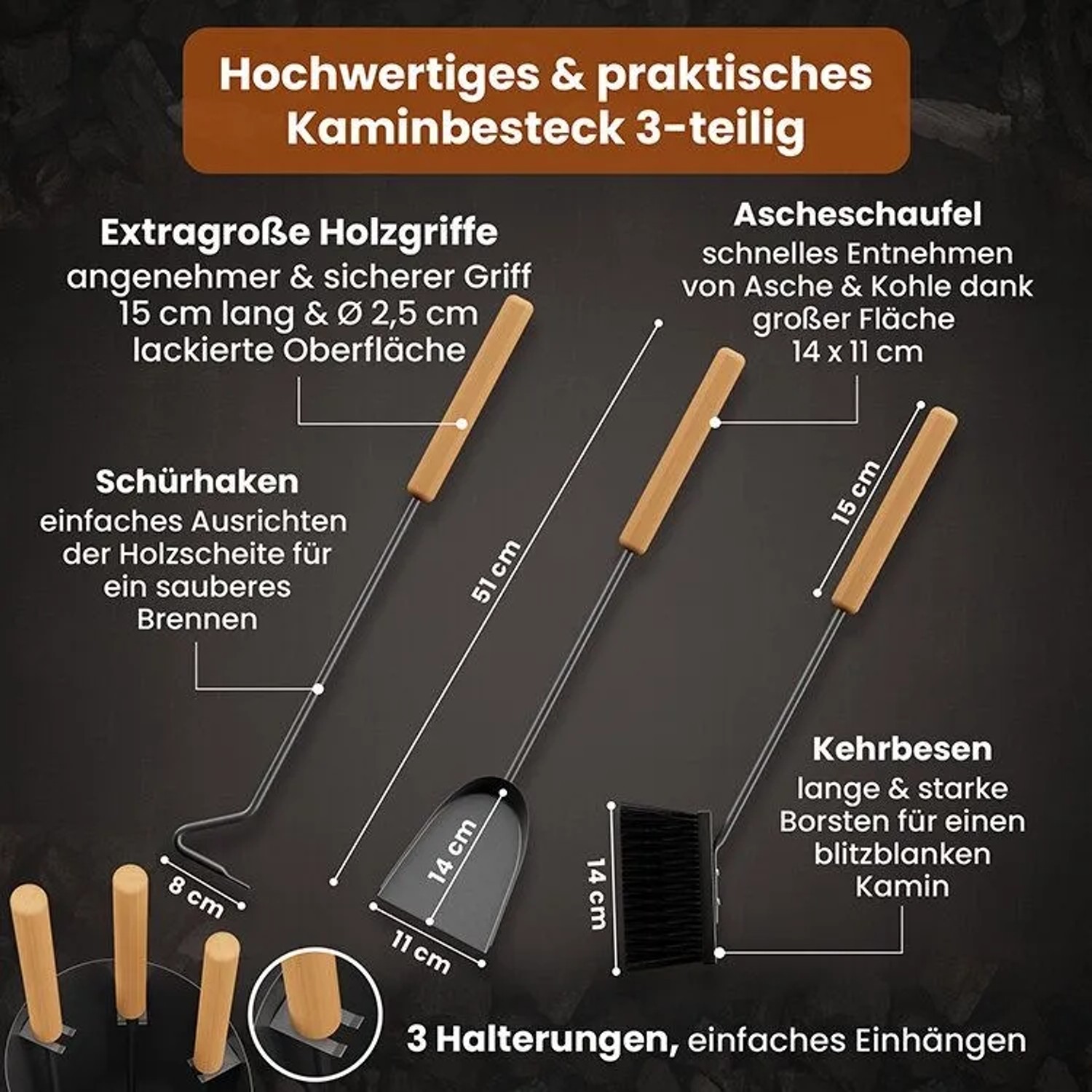BLACK OAK Kaminbesteck VAIL, 4-teilig, Stahl pulverbeschichtet mit Ständer. Schlankes Kaminwerkzeug-Set für Kaminofen.