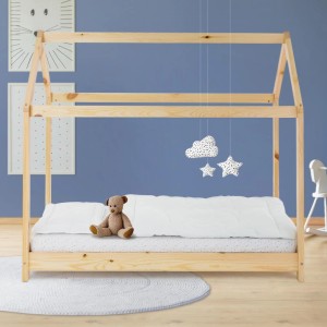 ML-Design Kinderbett 80x160 cm in Natur mit Dach und Lattenrost als Hausbett.