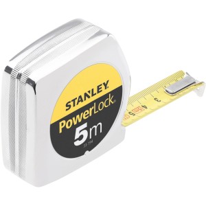 Stanley Bandmaß PowerLock® 5 m mit verchromtem Gehäuse und gelbem Messband.