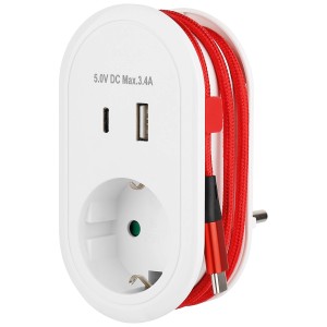 Weißer Steckdosen-Adapter mit USB-A, USB-C und integriertem USB-C Kabel.
