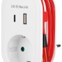 Weißer Steckdosen-Adapter mit USB-A, USB-C und integriertem USB-C Kabel.