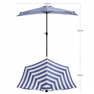 Sekey halbrunder Balkonschirm, 270 cm, blau-weiß gestreift, mit Kurbel.