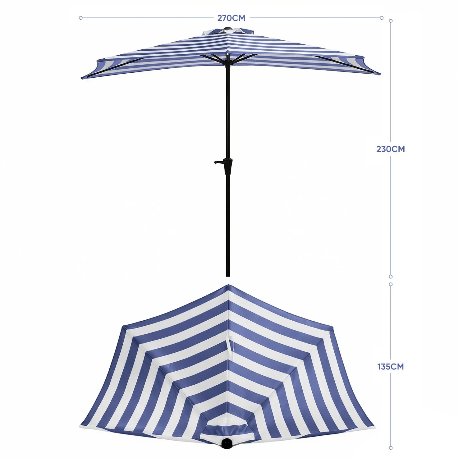 Sekey halbrunder Balkonschirm, 270 cm, blau-weiß gestreift, mit Kurbel.