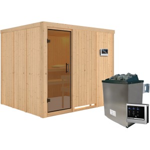 Karibu Sauna Gunda mit Ofen und externer Steuerung aus naturbelassenem Fichtenholz.