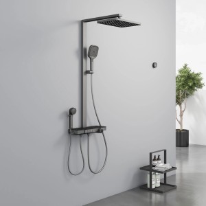 Emke Duschsystem Regendusche Anthrazit Matt LED Glasablage Duschsystem mit Thermostat 3+1 Elternteil und Kind Handbrause