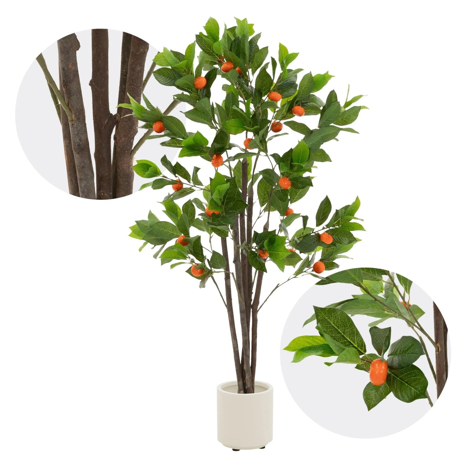 Künstlicher Orangenbaum 130 cm mit grünen Blättern, orangefarbenen Früchten und braunen Stämmen im weißen Topf.