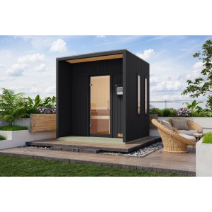 Schwarzes Karibu Saunahaus Almeria mit Ofen und Terrasse im Garten.