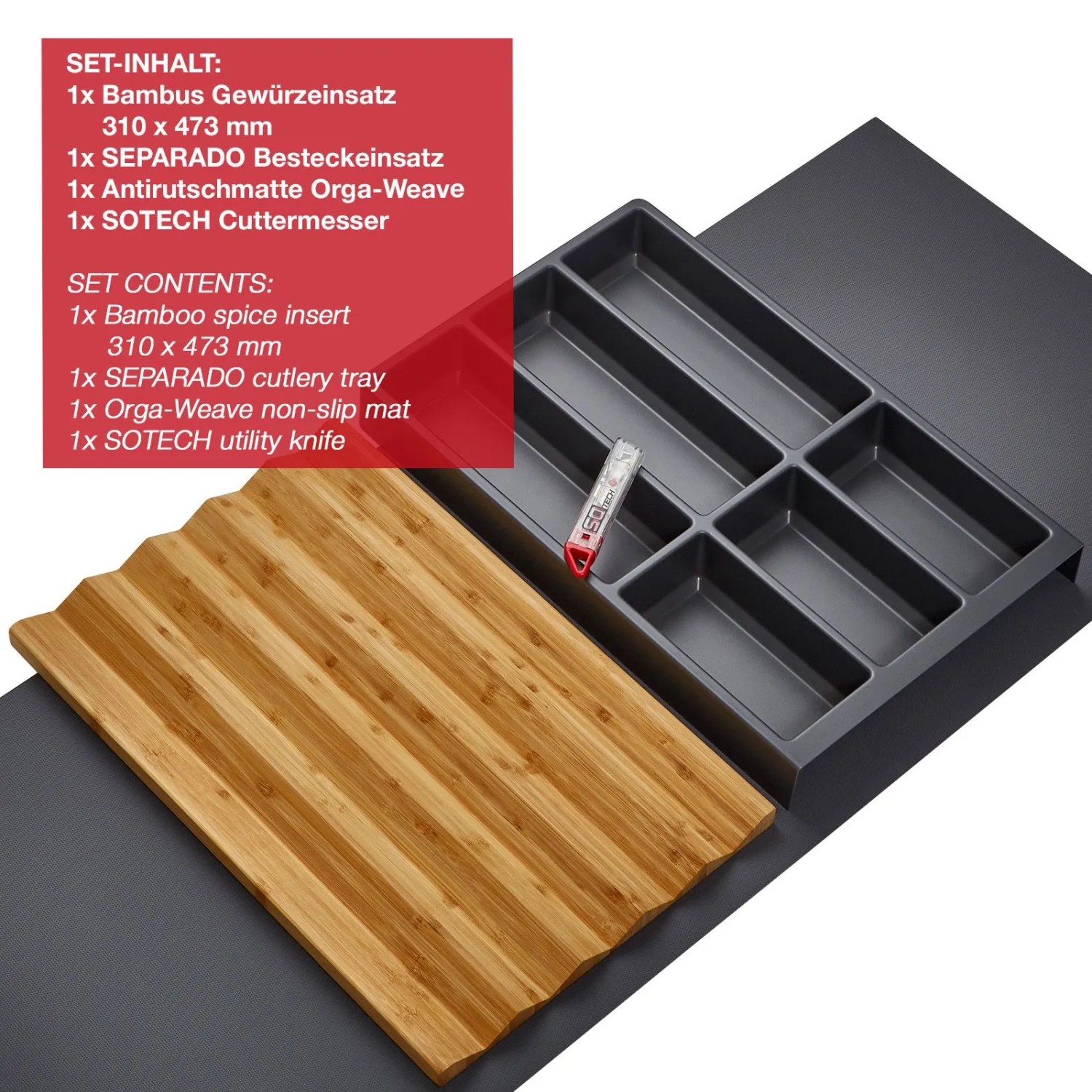 SOTECH ORGA-BOX Vario SET 7 Anthrazit für 80er Schublade Besteckeinsatz Gewürzeinsatz Antirutschmatte Orga-Weave_5