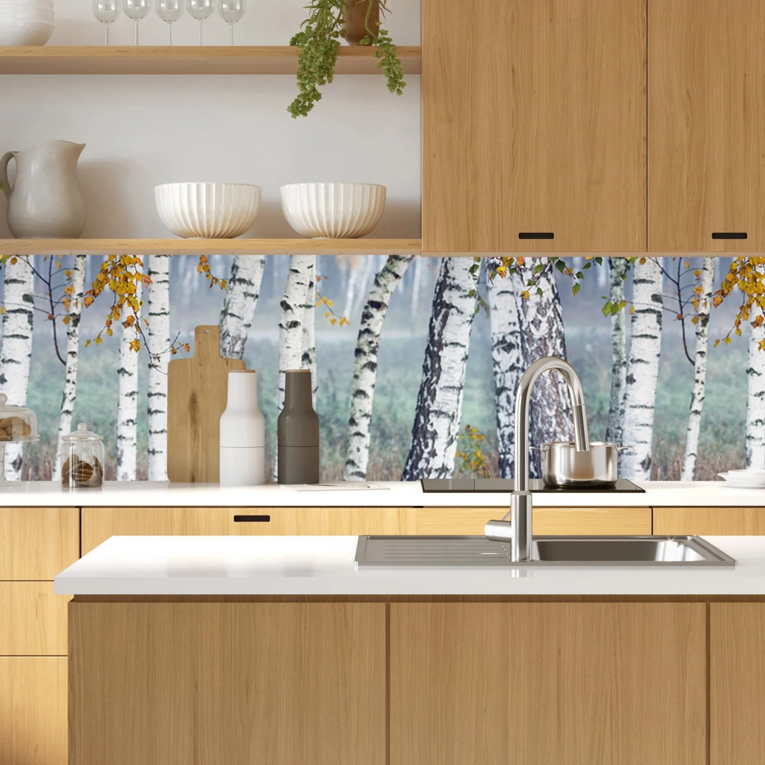 MySpotti Küchenrückwand mit Birkenwald-Motiv in Birke-Weiß, 100x60 cm.
