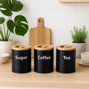 Relaxdays Vorratsdosen 3er Set Stahl Bambus Schwarz Weiß Natur Luftdicht 14 cm x 11 cm