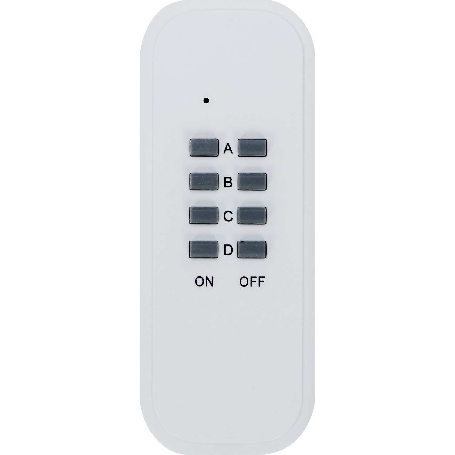 Fernbedienung für Funkschalter-Set, weiß, mit Tasten A, B, C, D, ON und OFF.