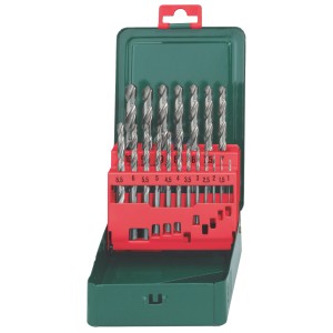 Metabo HSS-G Bohrerkassette, 19-teilig, in grüner Metallkassette mit rotem Halter.