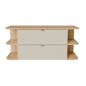 Hängender Waschbeckenunterschrank Lavena, 120 cm, beige mit hellen Naturholz-Elementen, 2 Schubladen, 4 offene Nischen.