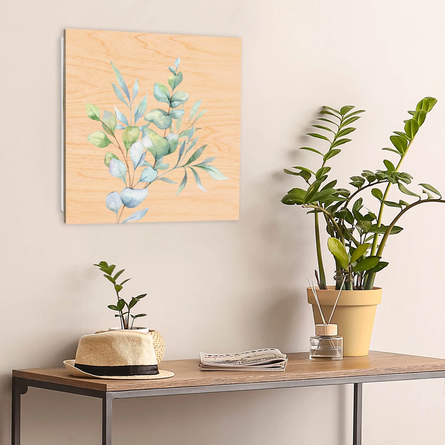 Banjado Schlüsselkasten mit Eukalyptus Aquarell Motiv, weiße Holzfront, 50 Haken, zur Wandmontage.