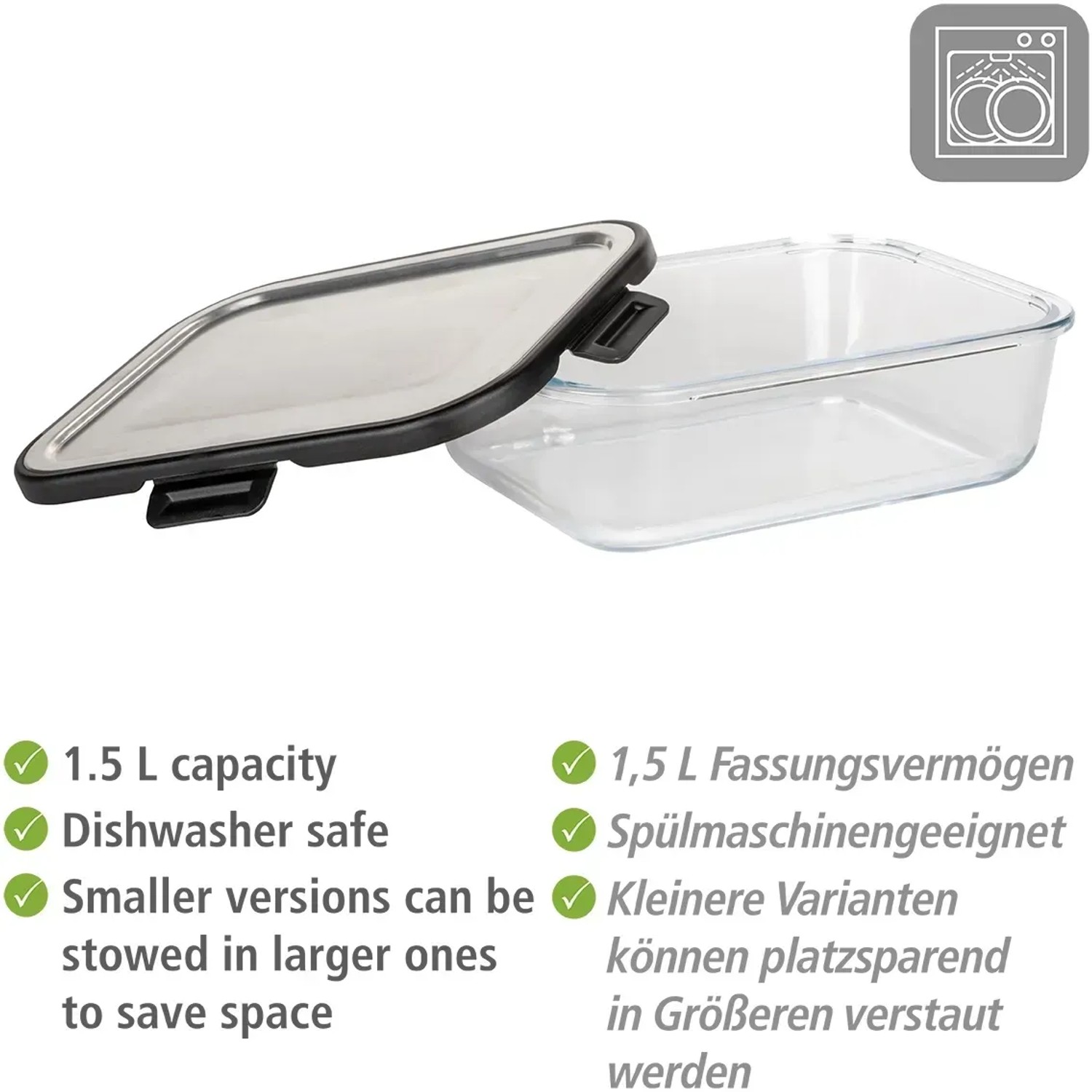 Wenko Glas Frischhaltedose Steel Black Outdoor Kitchen 1,5 l mit Edelstahldeckel.