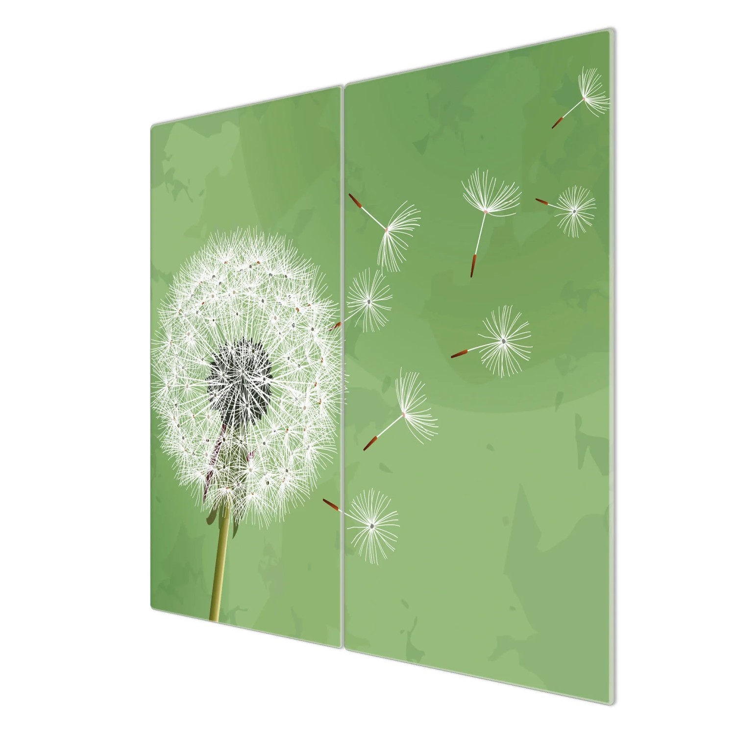 2-teilige Glas Herdabdeckplatte mit Pusteblumen Motiv, je 30x52 cm.