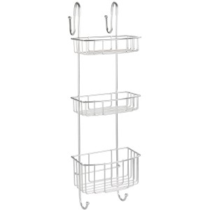 Wenko Duschcaddy Olesi mit 3 Edelstahl-Etagen und Haken zur Aufhängung in der Dusche.