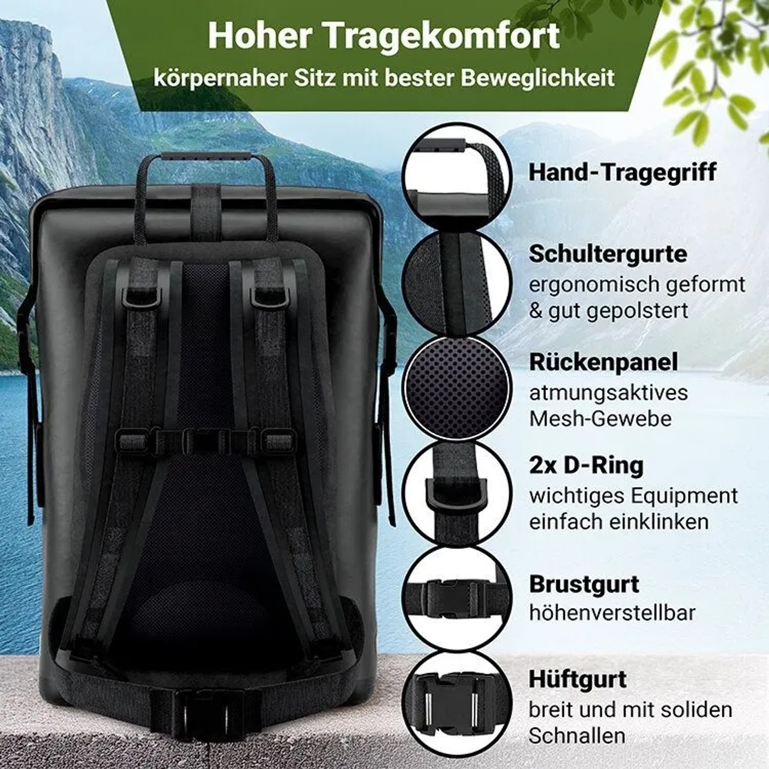 Schwarzer SCANDIC NATURE Rucksack Pioneer 35L für Outdoor, mit Roll Top und gepolsterten Gurten.