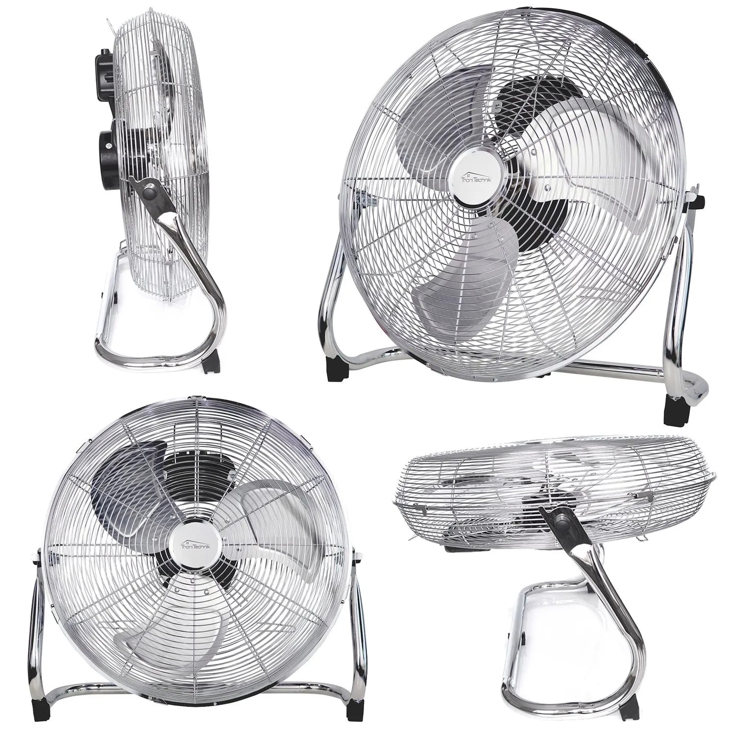 TroniTechnik Bodenventilator Windmaschine, 100W, ⌀45cm, drei Geschwindigkeitsstufen, silberfarben.