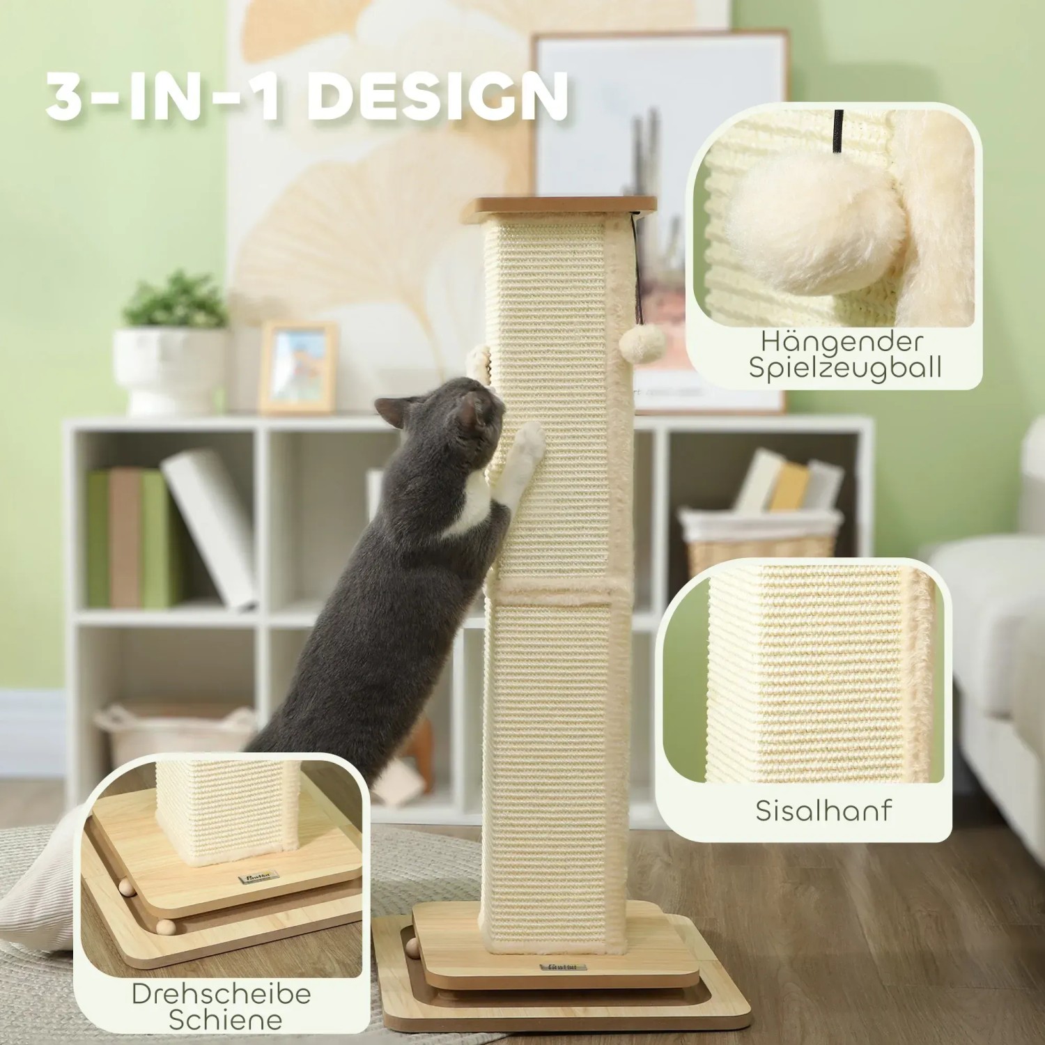 PawHut 4-in-1 Kratzstamm Mit Spielball – 69 Cm Sisal-Kratzsäule Für Katzen, Eiche-Design