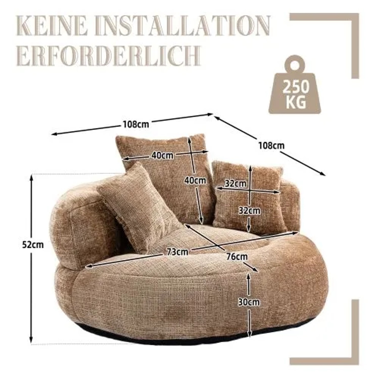 Runder brauner Chenille Sitzsack Stuhl mit 3 Kissen, hohe Rückenlehne. Maße 108x108x52cm, keine Montage nötig.