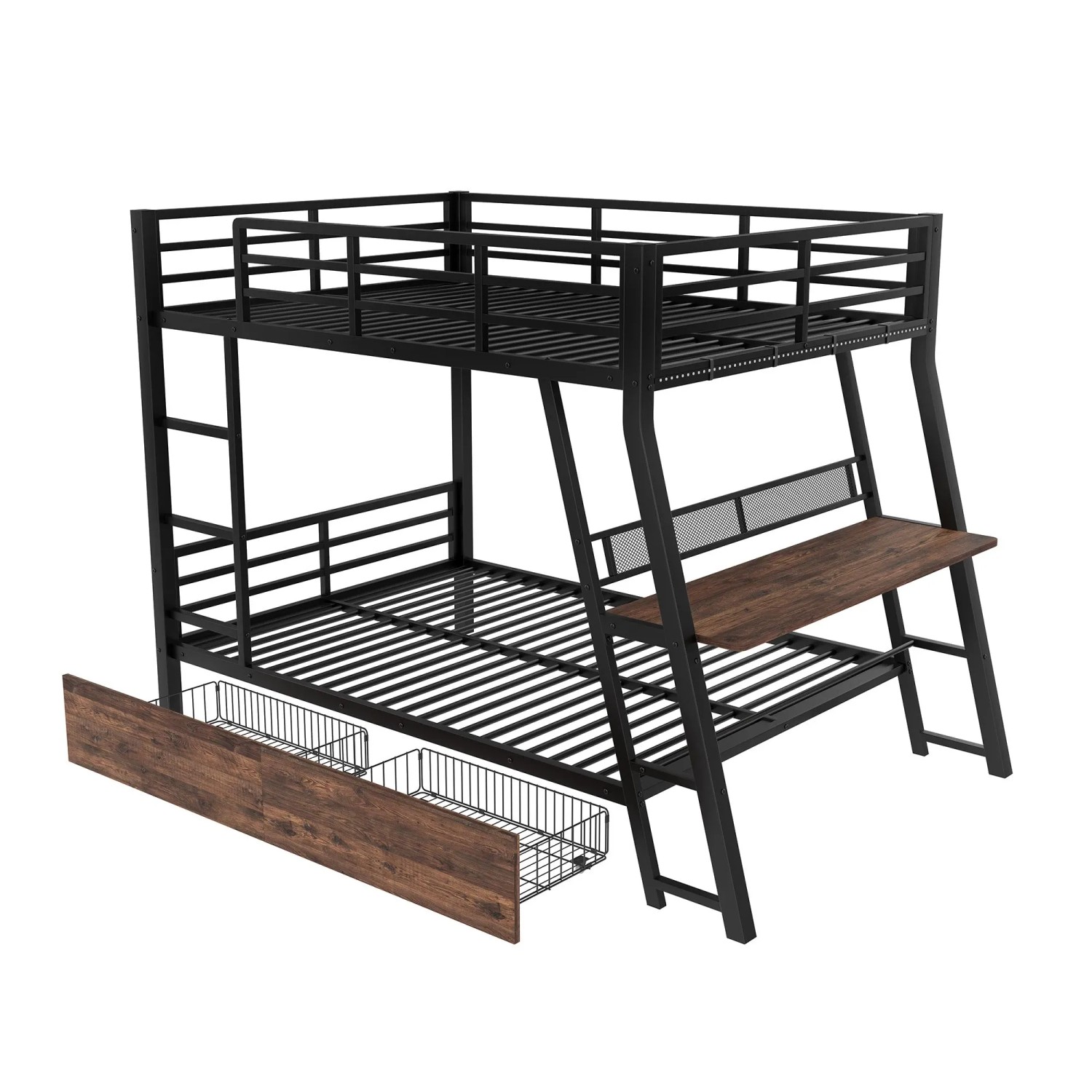 okwish Metall Hochbett 140x200cm mit Treppe Schubladen und LED Schwarz ohne Matratze