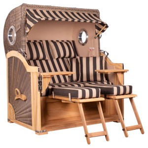 Strandkorb Westerland Teak mit Bullauge, grau-beige gestreift. Hochwertiger Teakholz Strandkorb mit PE-Geflecht.