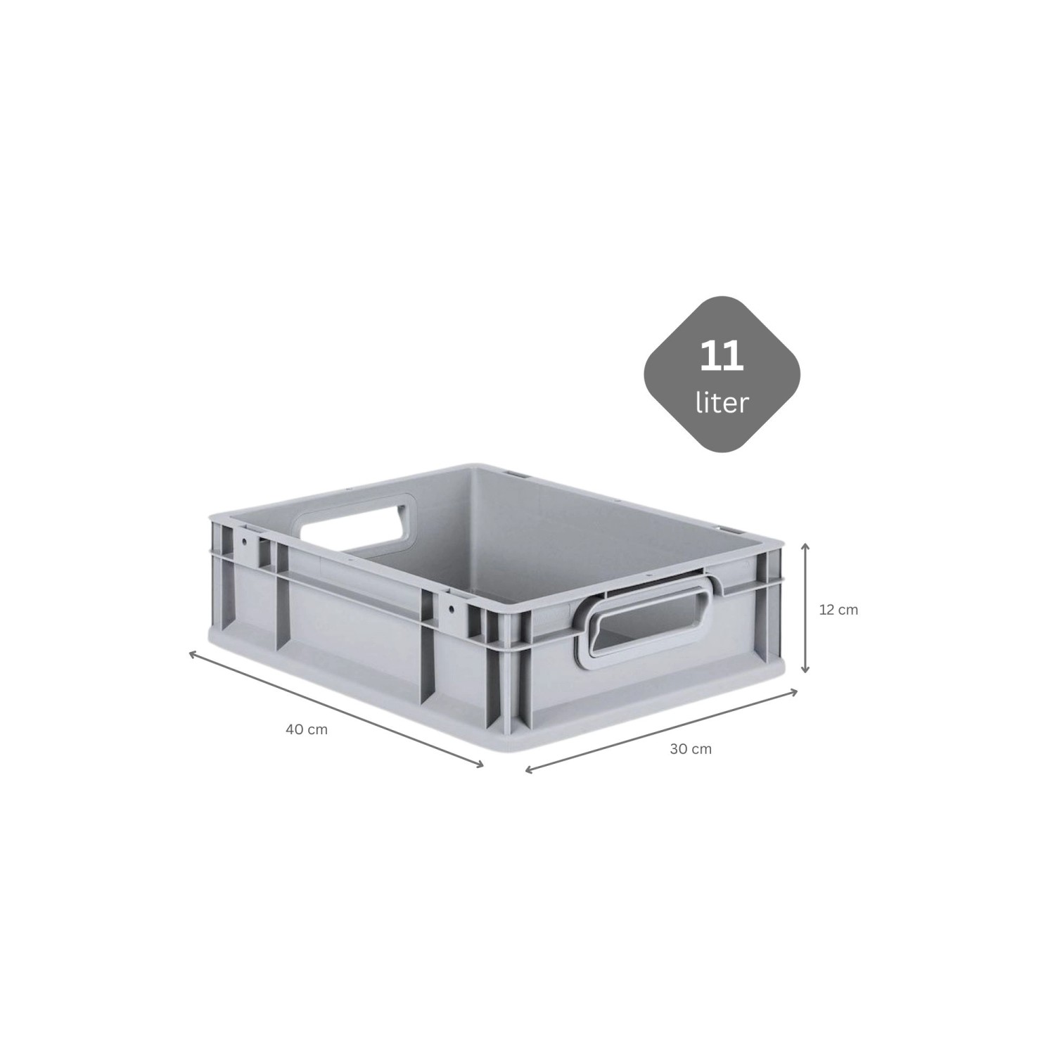Graue PROREGAL Eurobox NextGen, 11 Liter, mit Griffen und Maßangaben. Aufbewahrungsbox für Industrie und Gewerbe.
