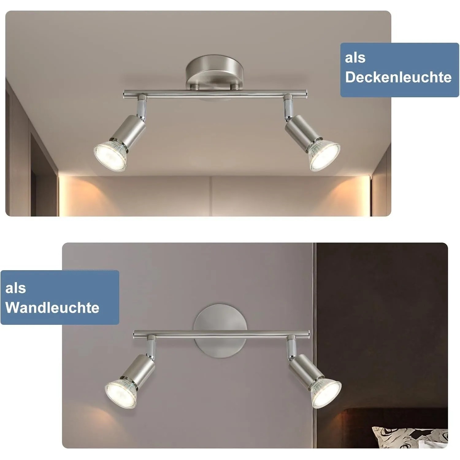 Silberner NETTLIFE 2-flammiger Deckenstrahler aus Metall, als Decken- und Wandleuchte montiert, flexibel einstellbar.
